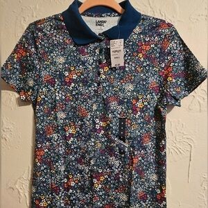 NWT Lands' End Navy Floral Polo Shirt Size Small